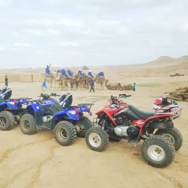 A group of adventurers partaking in a camel ride across the undulating dunes of the Agafay Desert, with the Atlas Mountains faintly visible in the distance. In the foreground, parked quad bikes and buggies hint at the action-packed ride to follow