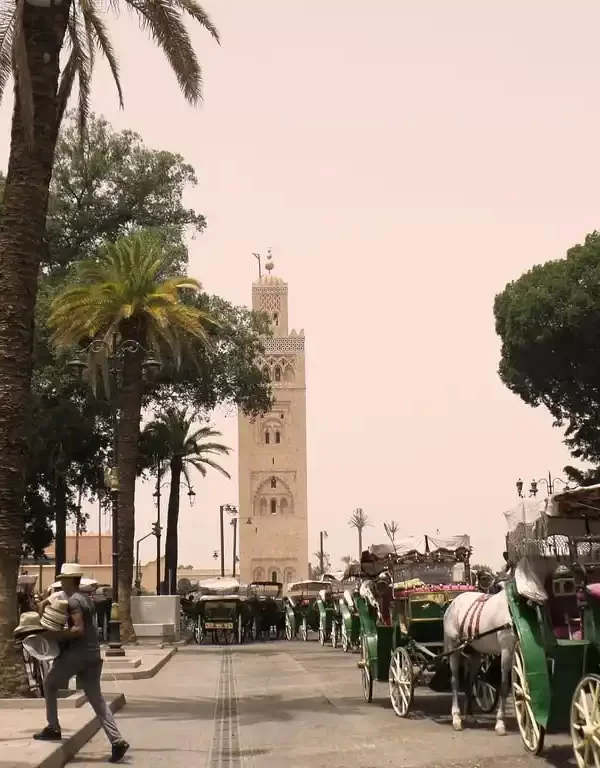 Horse-drawn carriages lined up on the vibrant streets around Jemaa el-Fnaa, ready to offer passengers a unique and picturesque tour through Marrakech