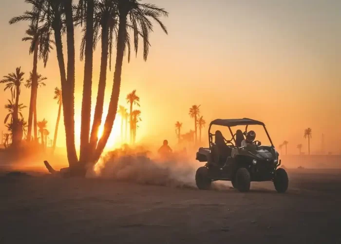 Buggy convoy kicking up dust on a half-day adventure tour through the rugged landscapes surrounding Marrakech