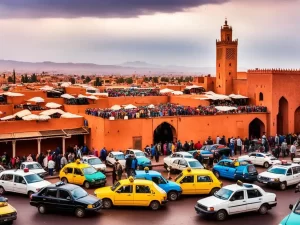 A line of traditional red Marrakech taxis parked neatly, awaiting passengers under the warm Moroccan sun, symbolizing the city's accessible and dependable taxi services