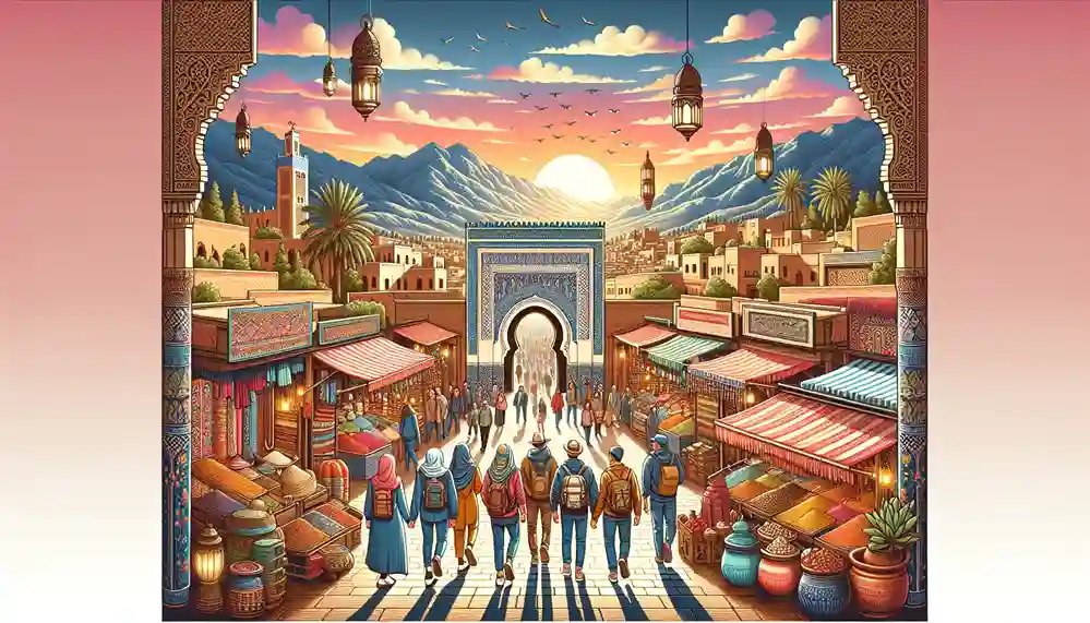 best places to visit in morocco A panoramic view of the bustling Jemaa el-Fnaa square in Marrakech at dusk, with the Koutoubia Mosque in the background, encapsulating Best places to visit in Morocco