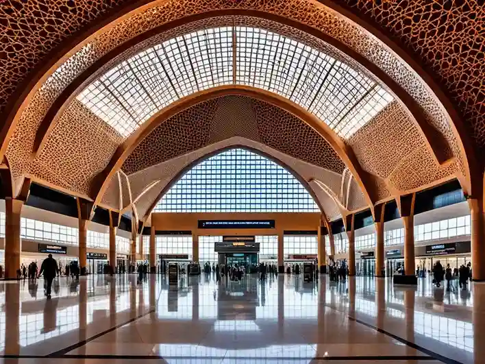 marrakesh-menara-airport The stunning facade of Marrakesh Menara Airport, illuminated under the clear Moroccan sky, welcomes travelers with its unique blend of modern architecture and traditional Moroccan designs