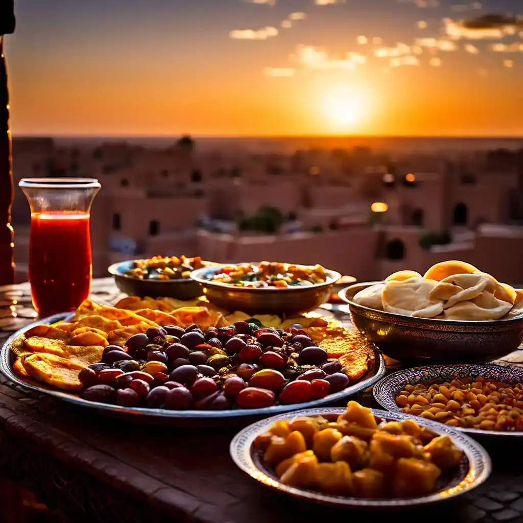 Ramadan Traditions in Morocco 2 Image depicting Moroccan traditional foods, including salad, yogurt, and dates, typically consumed during the day