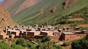 A scenic view of traditional Berber villages nestled in the High Atlas mountains.