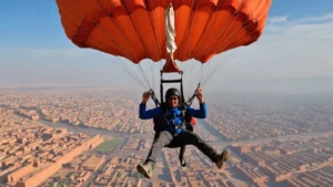 A breathtaking view of a parachute excursion over Marrakech's stunning landscape.