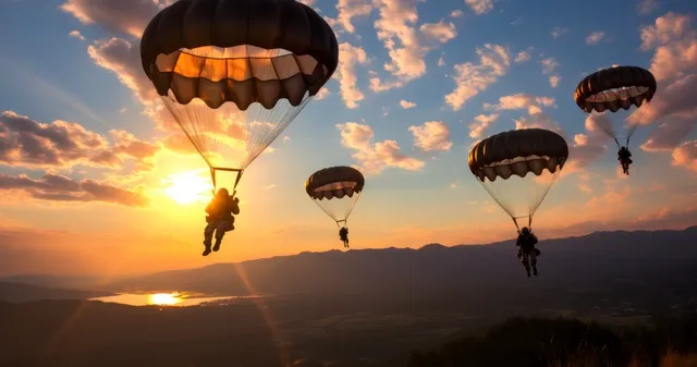Professional parachuting team performing synchronized jumps in the sky
