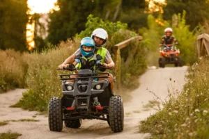 A group of adventurers enjoying quad biking in the scenic landscapes of Marrakech.
