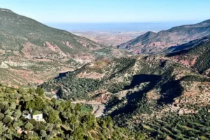 Panoramic view of the Atlas Mountains, highlighting majestic peaks and valleys under a clear sky.